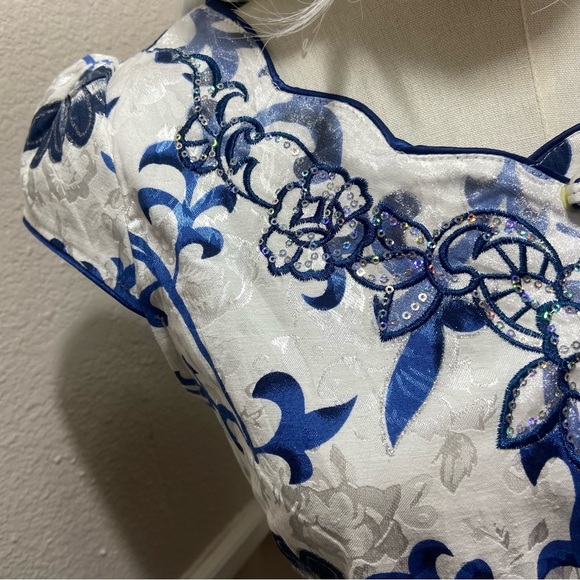 Chinese Qipao Cheongsam Floral Sequin Midi Dress Blue White Size Medium - Picture 4 of 10